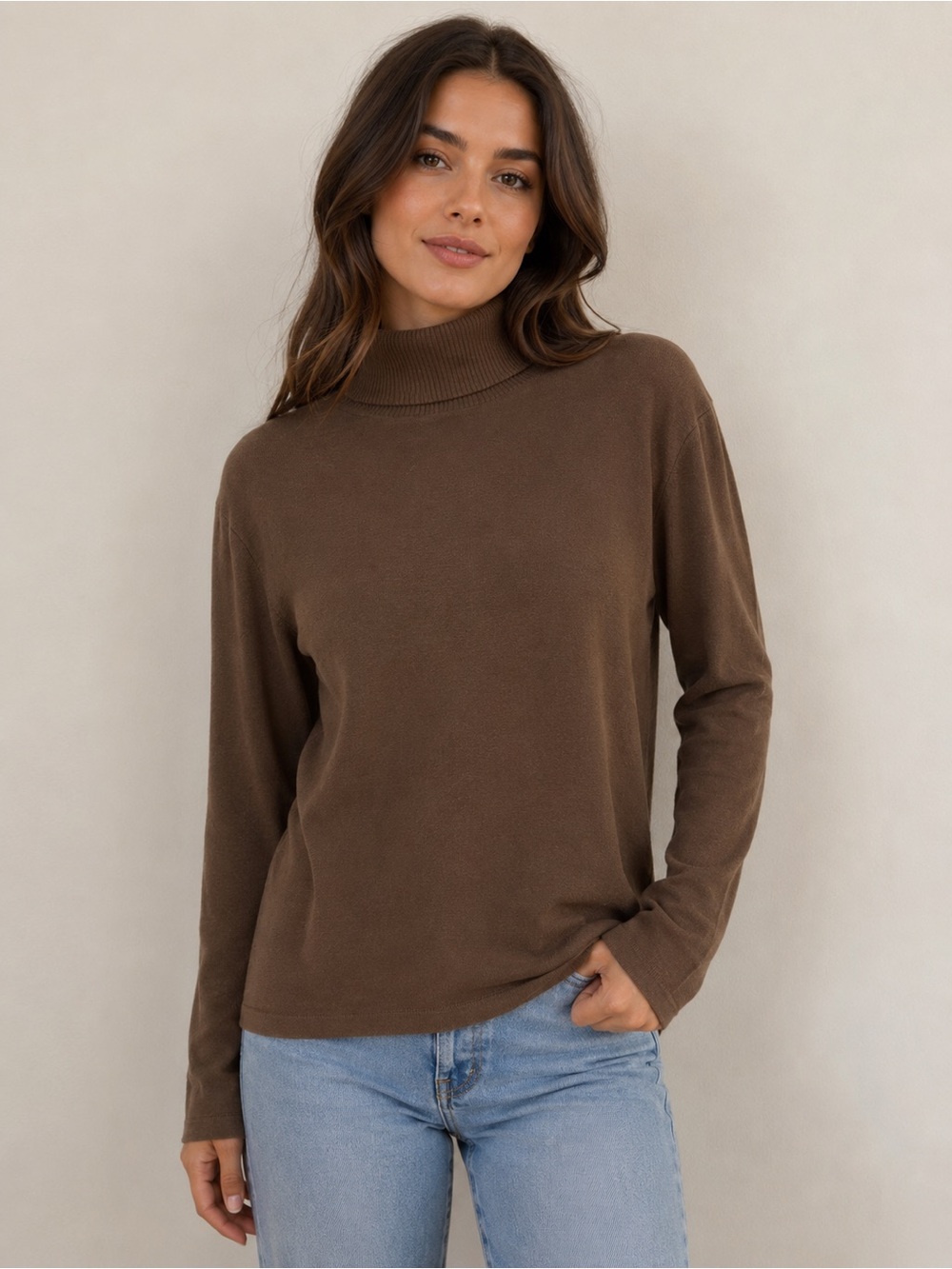 Rafaella Brown Ribbed Turtleneck Top Long Sleeve Stretch Knit L
